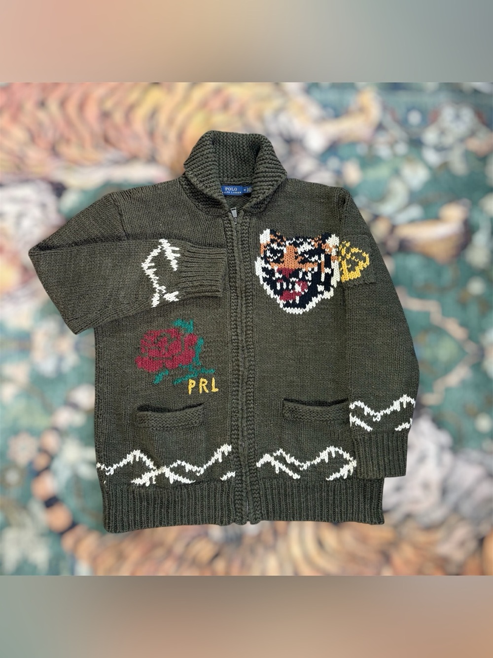Polo Ralph Lauren Intarsia Tigers Shawl Cardigan Sweater Knit Preppy Medium